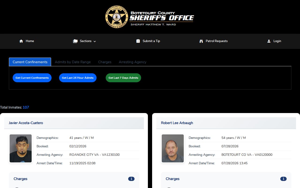 Botetourt County arrest booking and current confinement search