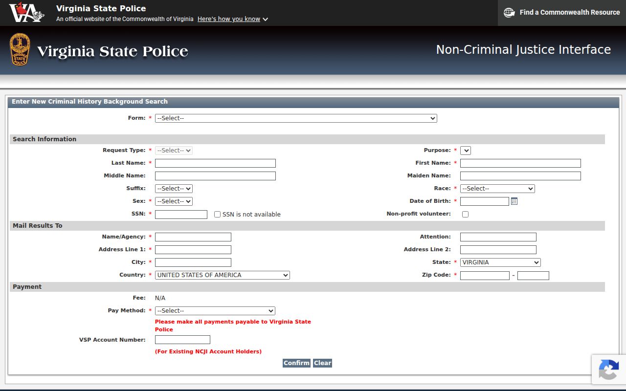 Botetourt County criminal history request through the Virginia NCJI interface