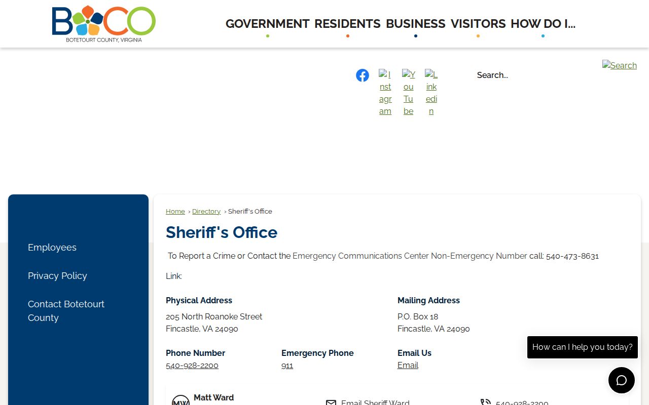 Botetourt County criminal records contact in the sheriff directory